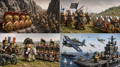 A vintage toy soldier stands amid miniature battlefield diorama