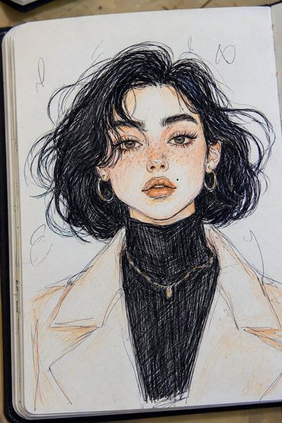 A chaotic blue ink sketch captures a woman's soulful gaze