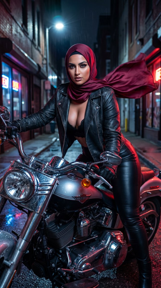 A woman in a silk hijab rides a neon-lit Harley through rain.