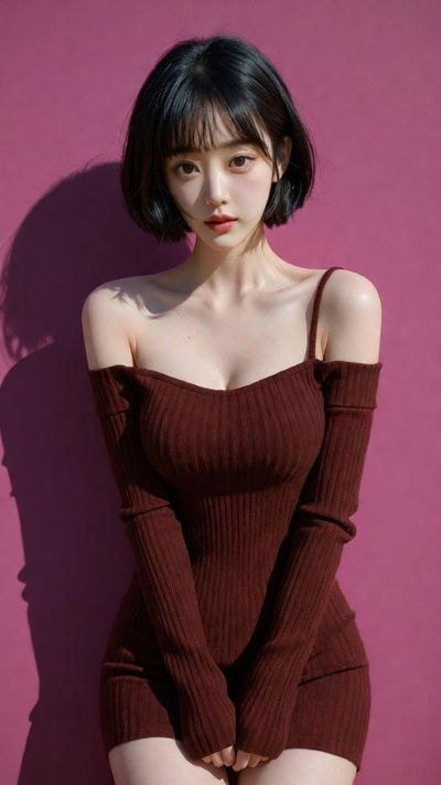 Ultra-Realistic Studio Portrait of a Korean Woman in Burgundy Knit Dress