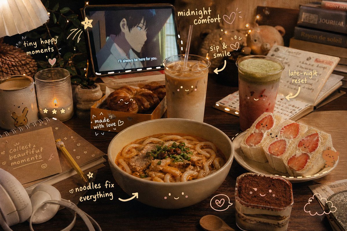 Late-Night Comfort Feast with Whimsical Doodles