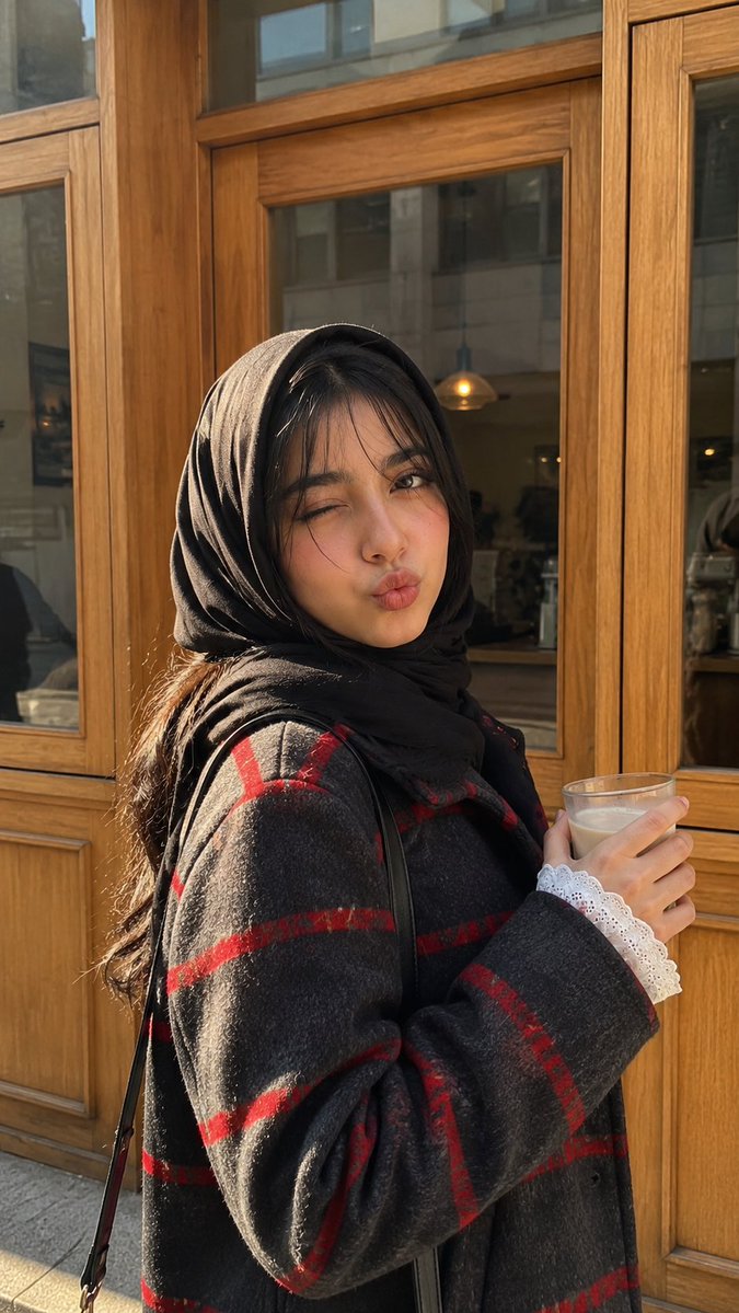 A young woman winks playfully while holding a latte outside a cozy café