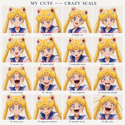 Blonde twin-tail heroine shows sixteen expressions on a cute-crazy scale.