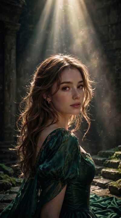 Woman in Emerald Gown Turns in Sunlit Ancient Ruins