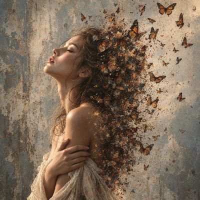 Woman's silhouette dissolves into butterflies in surreal monochrome portrait