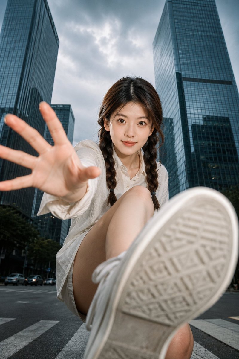 Sneaker dominates foreground as skyscrapers frame crouching figure