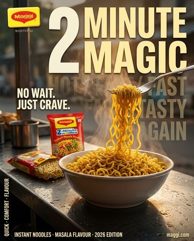 Steaming Maggi noodles lifted by fork at rainy roadside stall