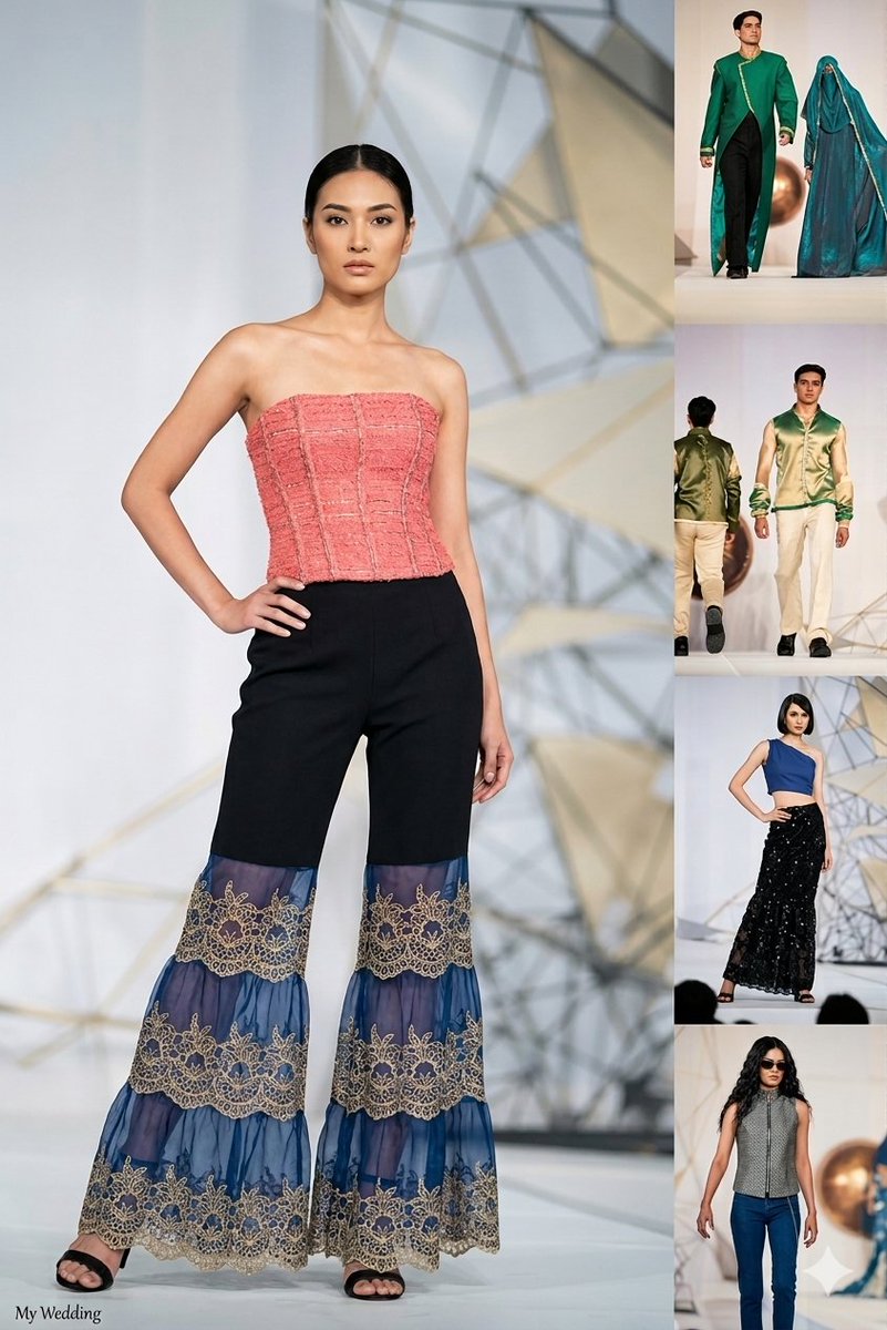 Structured coral pink corset meets navy bell-bottoms on runway
