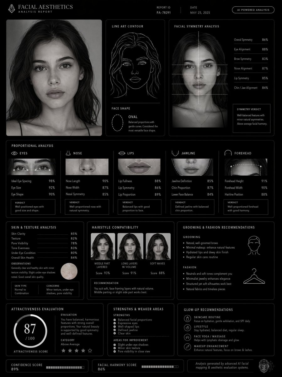 A monochrome luxury facial analysis dashboard reveals refined proportions