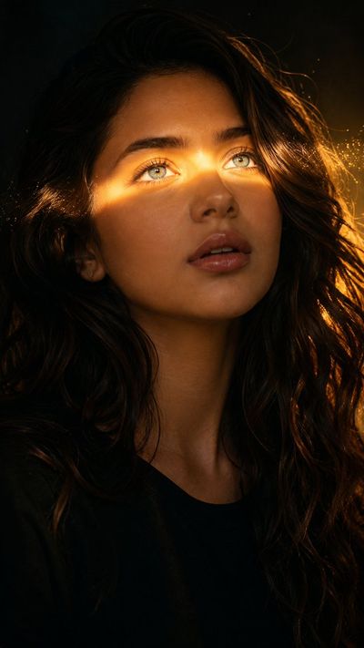 A woman's face emerges from darkness into a golden beam of light