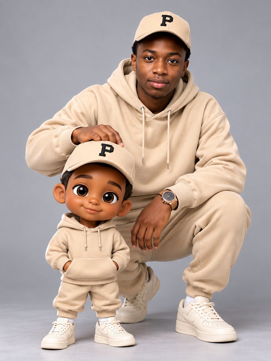 Stylish man crouches behind chibi self in beige studio portrait