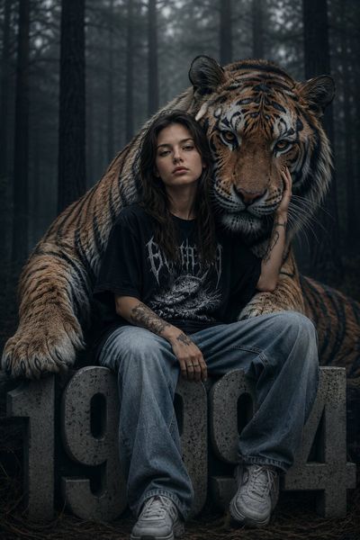 Enigmatic Bond: Girl and Tiger in a Foggy Forest