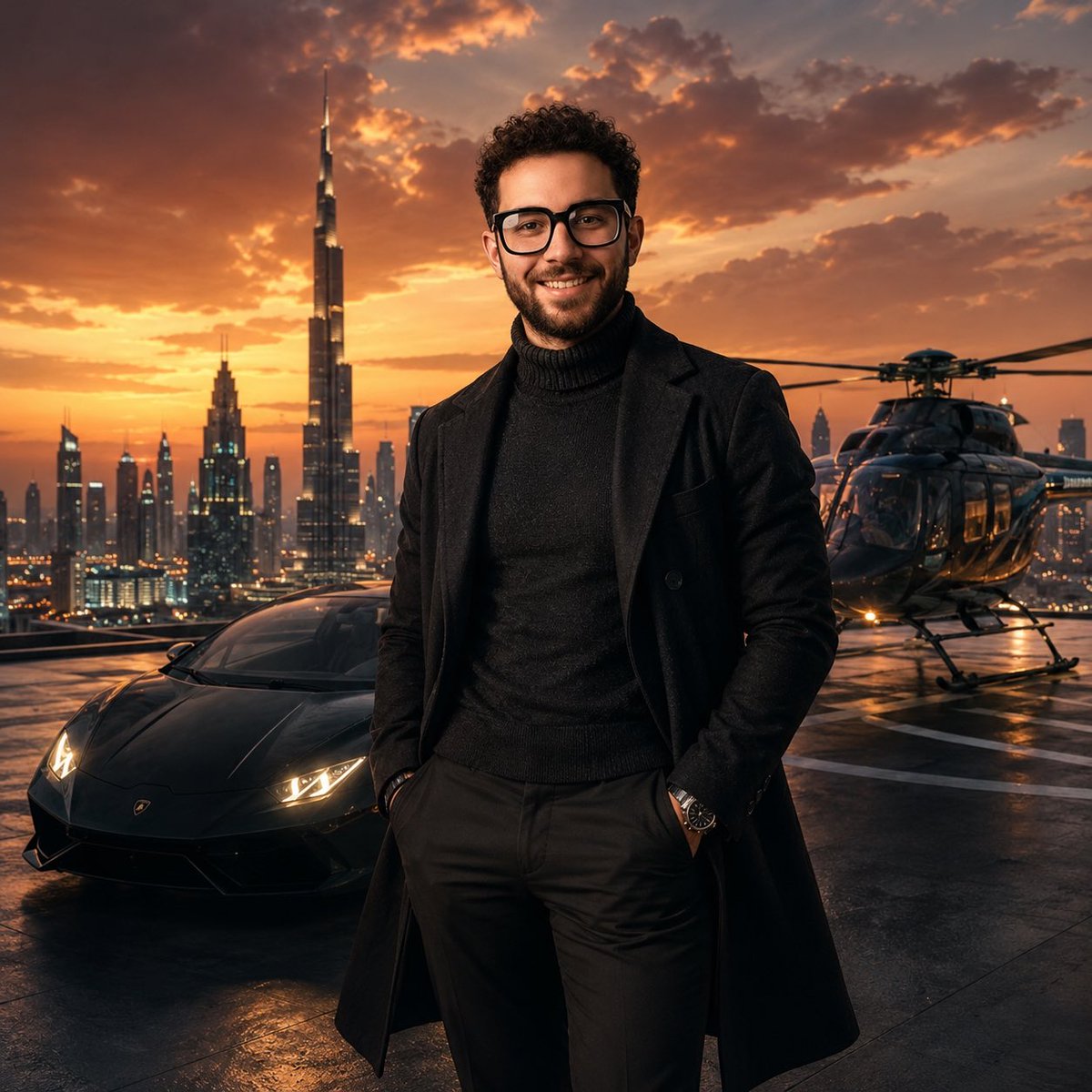 A confident man in black stands beside a supercar at sunset
