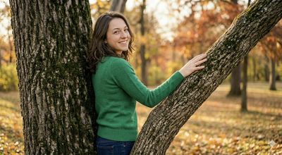 Woman in emerald sweater sits among golden autumn leaves