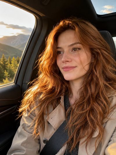 A woman with auburn hair sits in a luxury SUV during sunset.