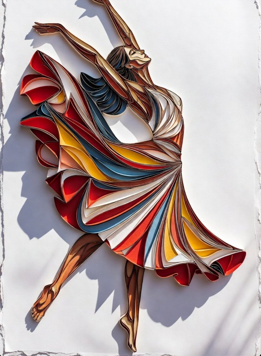 Dynamic papercraft dancer leaps with vibrant layered skirt in motion