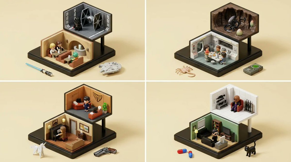 Isometric diorama grid showcases four iconic sci-fi movie worlds