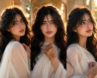 Golden hour backlighting creates a glowing halo on a serene woman