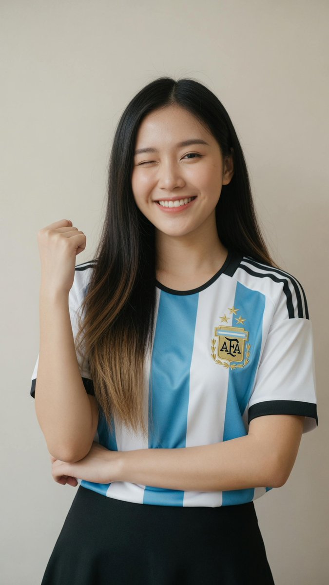 Korean fan winks while wearing Argentina jersey in studio portrait