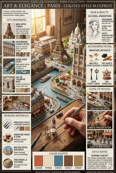 A precise hand places tiny figures in a detailed Paris diorama