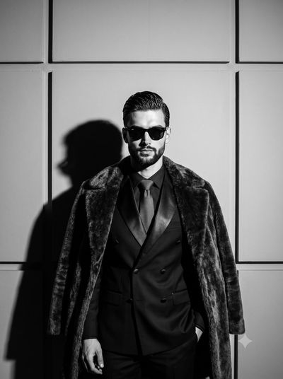 A model in dark formal wear poses under harsh studio light.