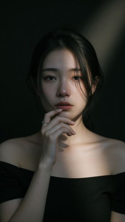 A melancholic Chinese influencer gazes intensely in dramatic chiaroscuro light