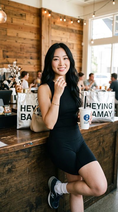 East Asian woman in black tank top leans at café counter with bubble tea
