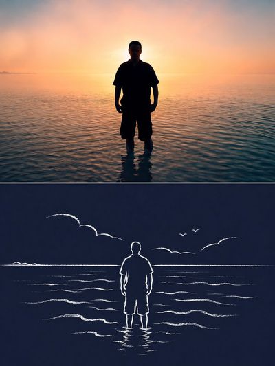 White wind lines trace Indonesia's doors, seas, and terraces in minimalist art