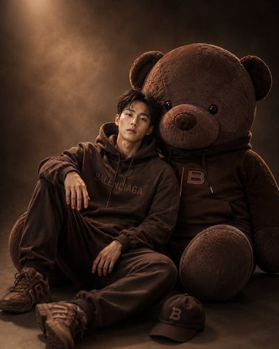 A young man sits beside a giant teddy bear in a dim studio