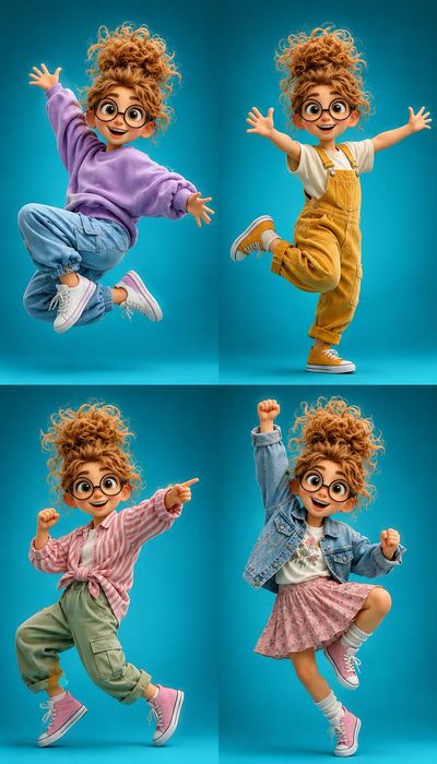 Cheerful girl in oversized sweater leaps across turquoise studio background
