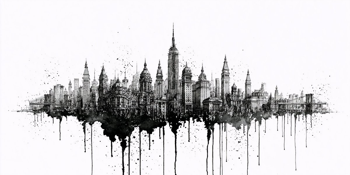 Ink sketch of a city skyline dissolving into watercolor pools