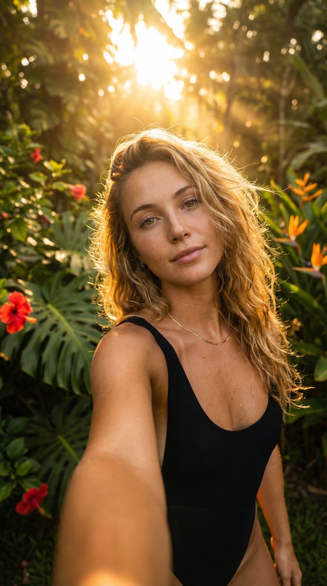 Golden Hour Selfie: Capturing Serene Beauty Amidst Tropical Backlight