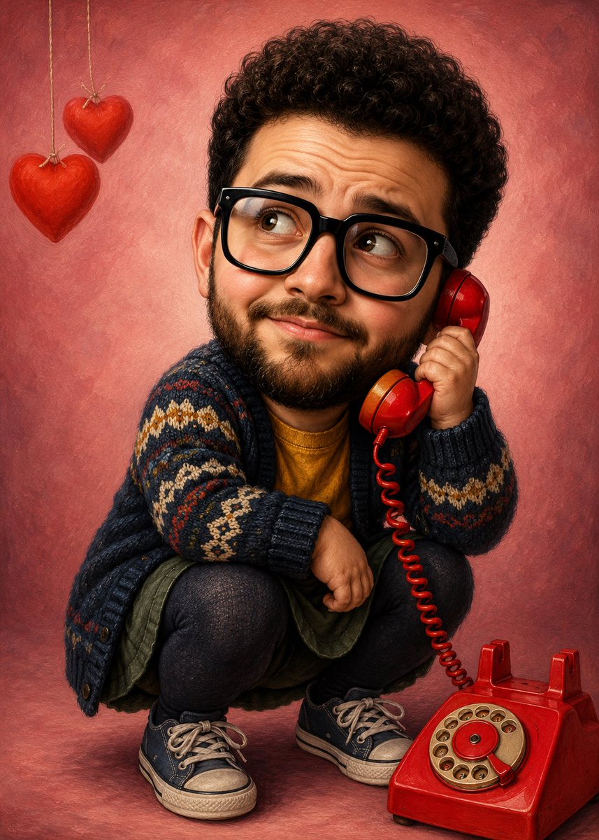 Joyous man in giant child body laughs on phone