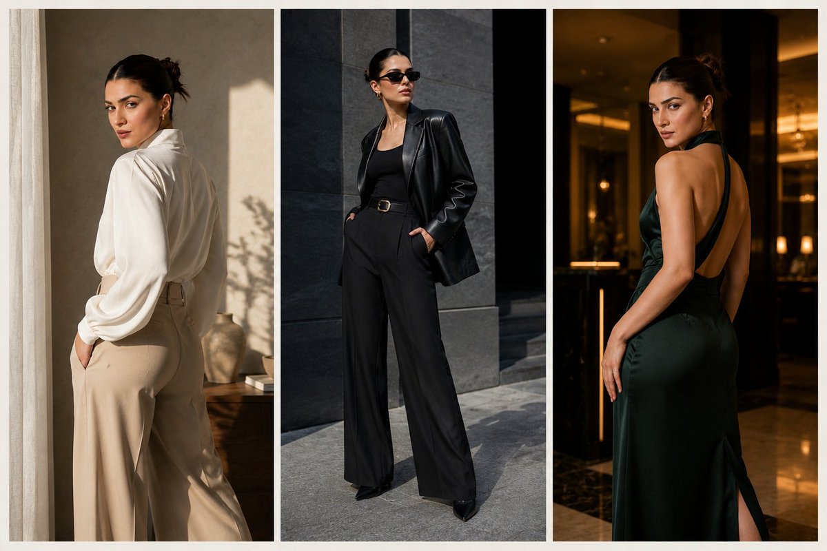 A model wears three luxury looks in a triptych