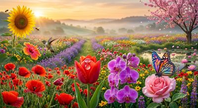A sunrise field of glossy red poppies with a hummingbird in flight
