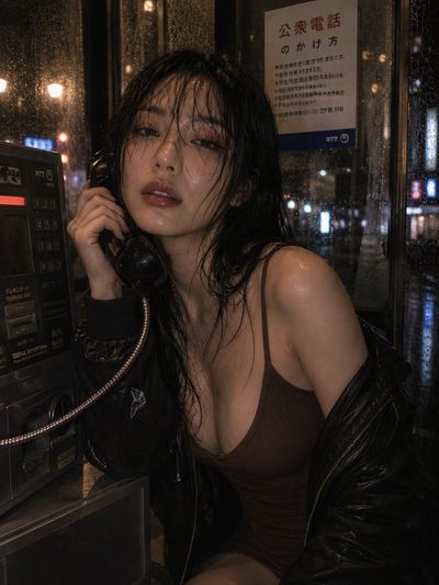 Woman in wet dress leans inside rainy phone booth at night