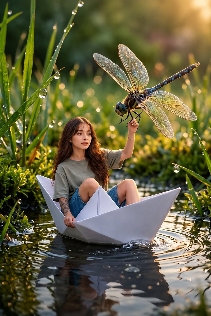 A tiny woman rides a giant origami boat while holding a dragonfly