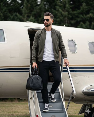 Refined Urban Aviator on Private Jet Stairs