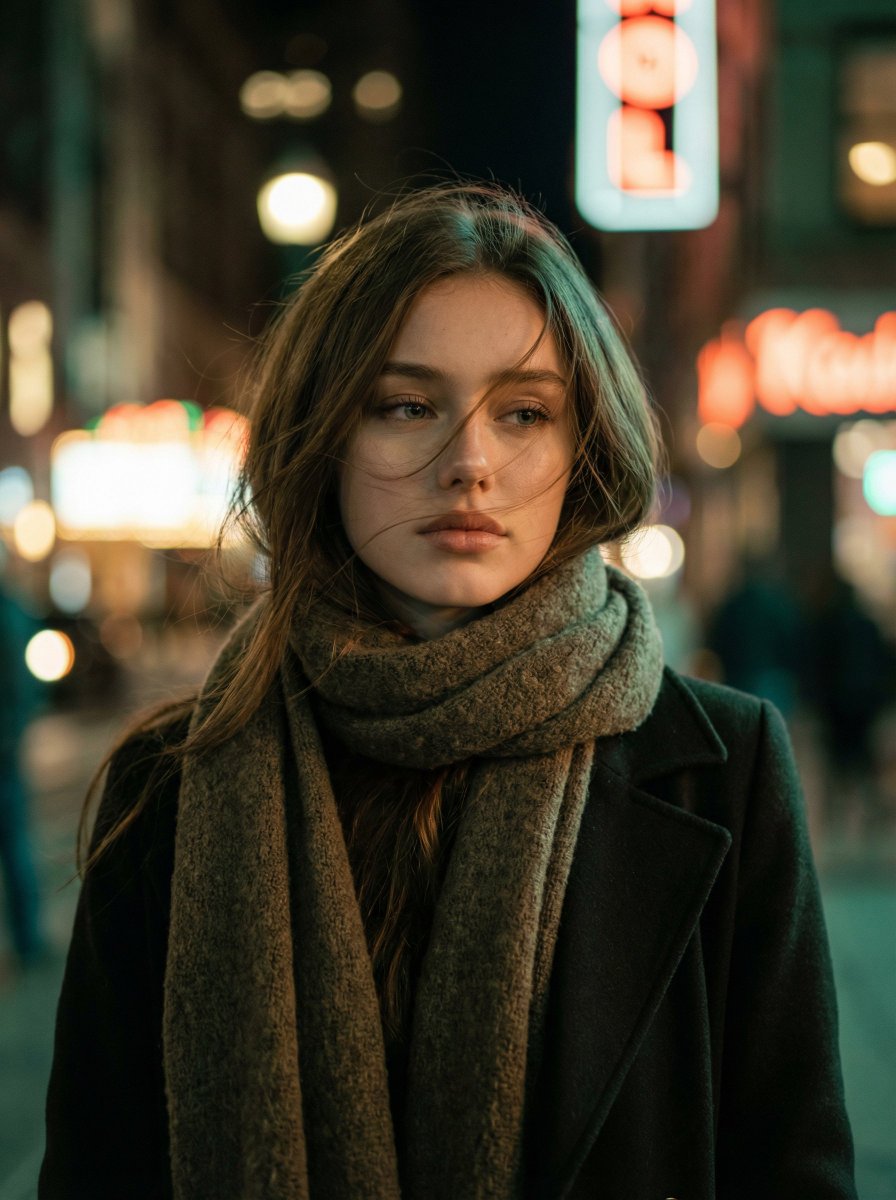 Cinematic Night Portrait: A Woman in the City Lights