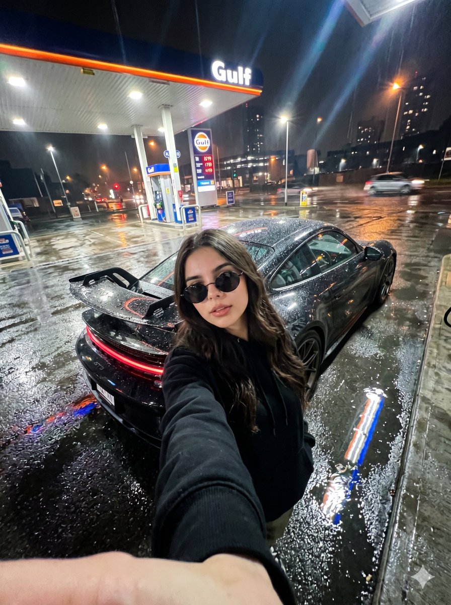 Rainy Night Selfie with Porsche at Urban Gas Station
