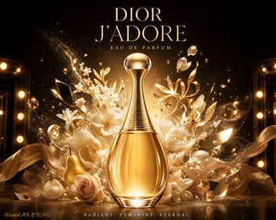 Dior J'adore bottle glows amid a radiant burst of petals and gold