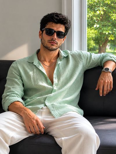A handsome man in sage green linen relaxes on a black leather sofa