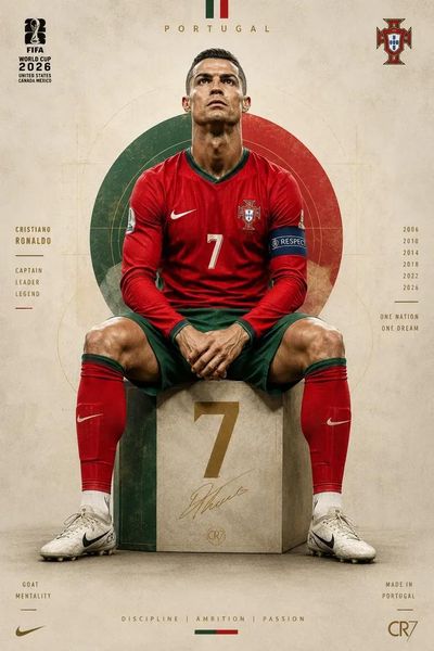 Portuguese football star sits on geometric cube in modern jersey