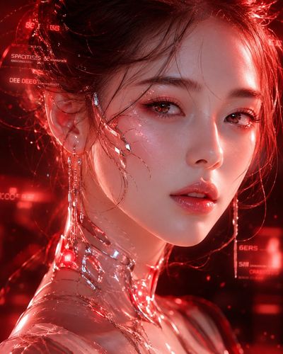 A futuristic woman with diamond eyes gazes in soft pink light
