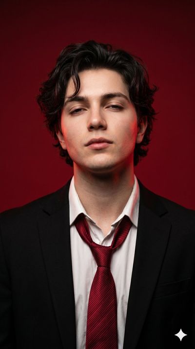 A young man in a crimson tie stares with cool defiance