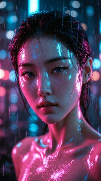 Neon-Hued Cyberpunk Portrait of a Young Korean Woman