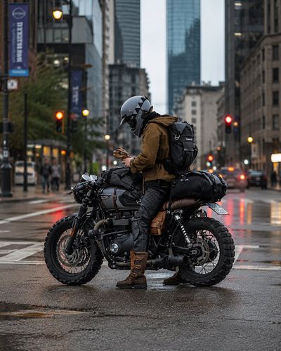 A lone traveler rests on a scrambler after rain in a neon-lit city.