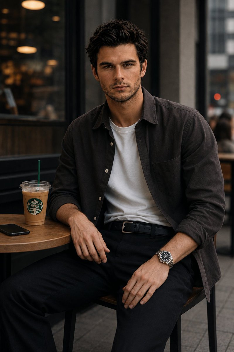 A sharp-jawed man in a dark overshirt stares intensely at a café table
