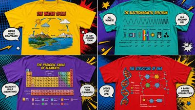 Pop-art shirt displays precise science data with comic flair