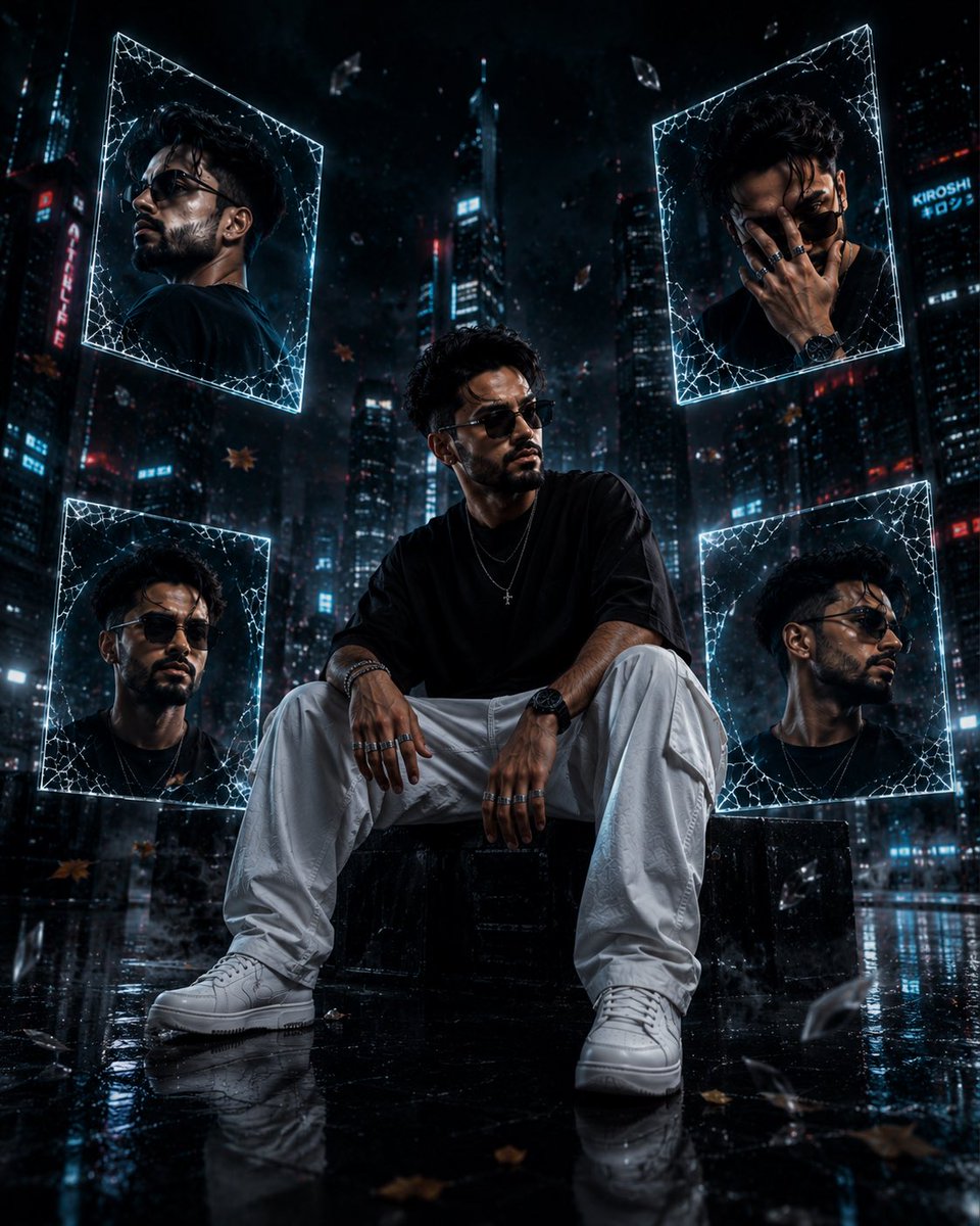 Confident man poses amid holographic panels in cyberpunk city